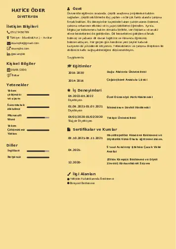 Beslenme Uzmanı Diyetisyen CV Örnekleri cv indir